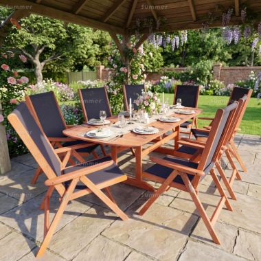 8 Seater Hardwood Set 139 - Textilene Reclining Chairs, Extending Table 8 Seater Hardwood Set 139 - Textilene Reclining Chairs, Extending Table