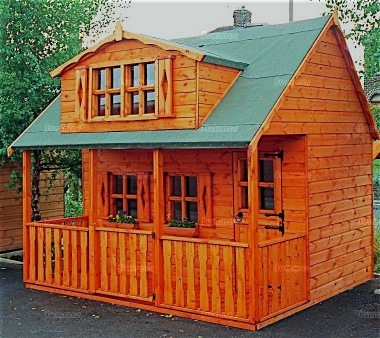 wooden playhouse with upstairs