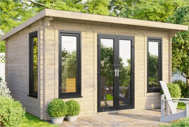 45mm Pent Log Cabin 911 - Double Glazed PVCu, Large Panes 45mm Pent Log Cabin 911 - Double Glazed PVCu, Large Panes