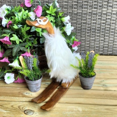 Decorative Wooden Duck 253 - White Fur, Goggles and Skis