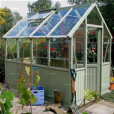 Painted Cedar Greenhouse 581 - Toughened Glass, Staging