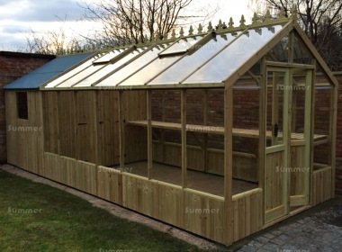 Pressure Treated Greenhouse 578 - Toughened Glass, Built In Shed
