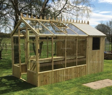 Pressure Treated Greenhouse 580 - Toughened Glass, Built In Shed